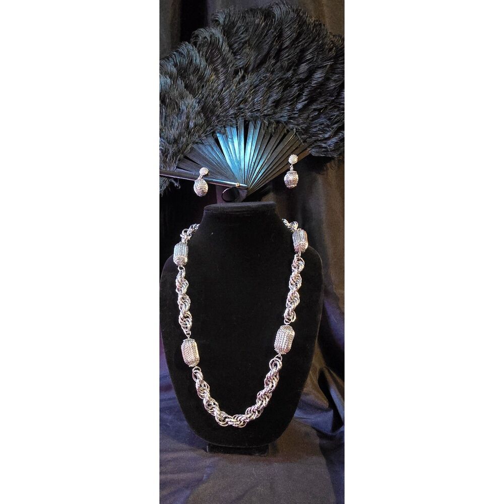 Vintage Coro Pegasus Silver Tone Demi Parure Set 29" Opera Necklace Earrings